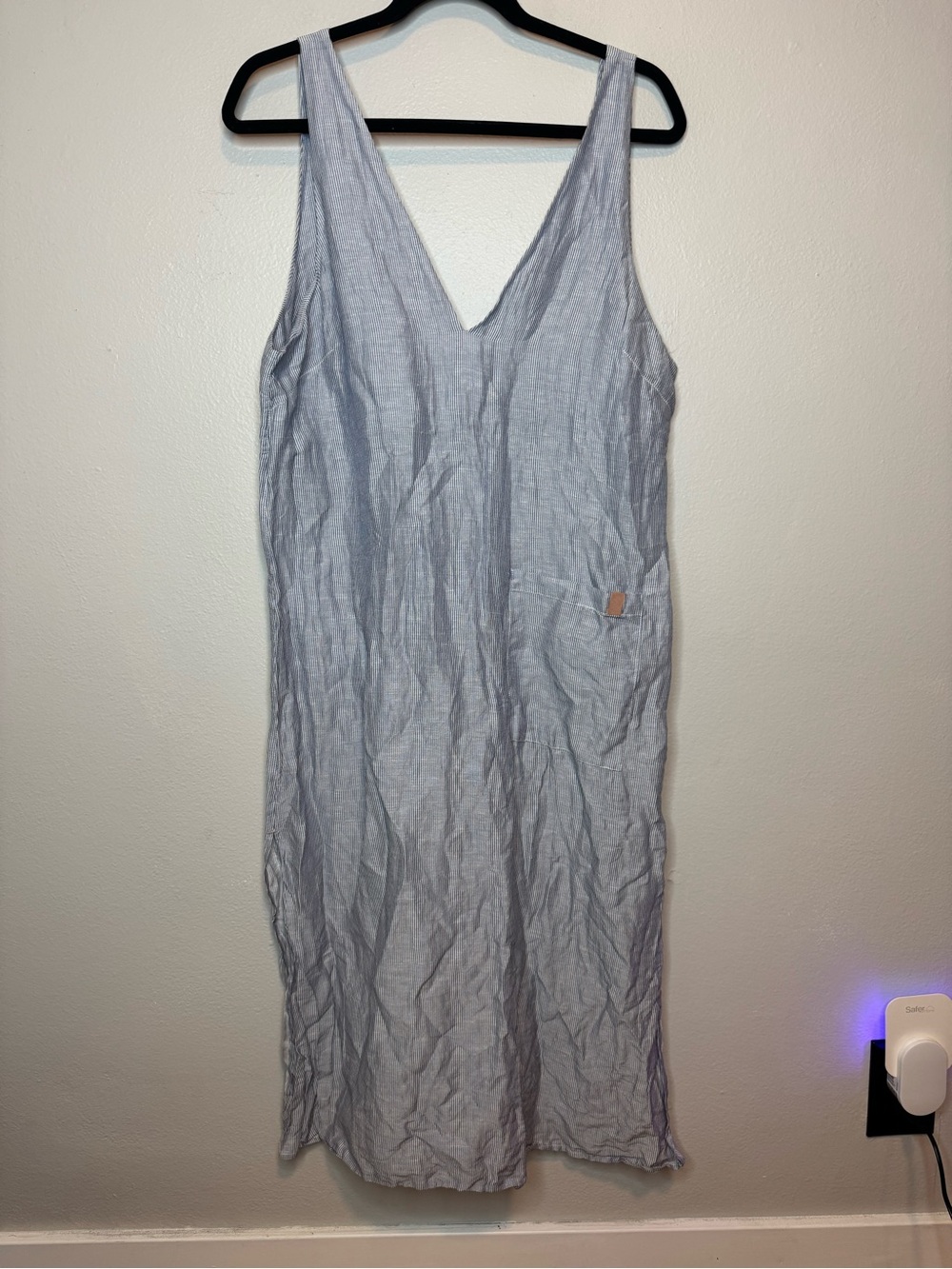 Lunya Linen Silk Double V Midi Dress Blue Pinstripe - Picture 3 of 11